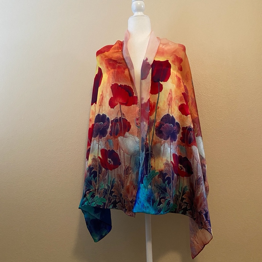 New Handmade 100% Silk Vibrant Floral Scarf Wrap - Picture 2 of 10